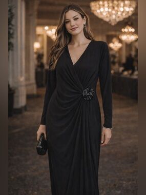 Lauren Ralph Lauren Black Wrap Maxi Dress 16P Elegant Formal Stretch